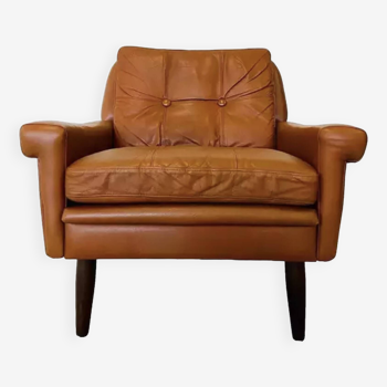 Fauteuil lounge vintage danois à dossier bas Skipper du milieu du siècle en cuir cognac 1960