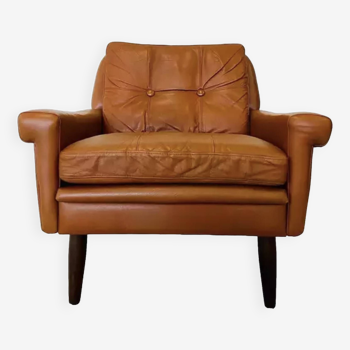 Vintage Danish Mid Century Skipper Low Back Lounge Chair In Cognac Leather 1960s