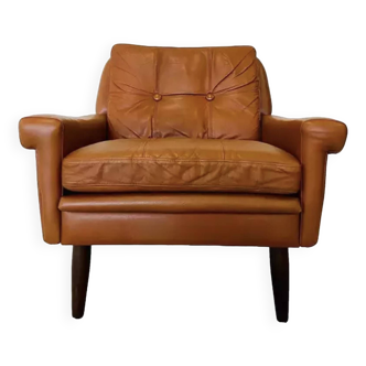 Fauteuil lounge vintage danois à dossier bas Skipper du milieu du siècle en cuir cognac 1960