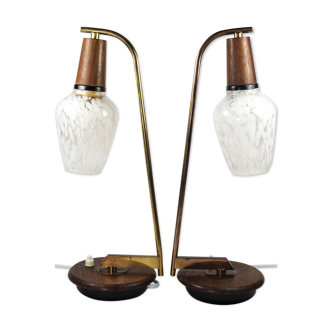 Mid-Century Scandinavian Teak & Brass Night Table Lamps Pair