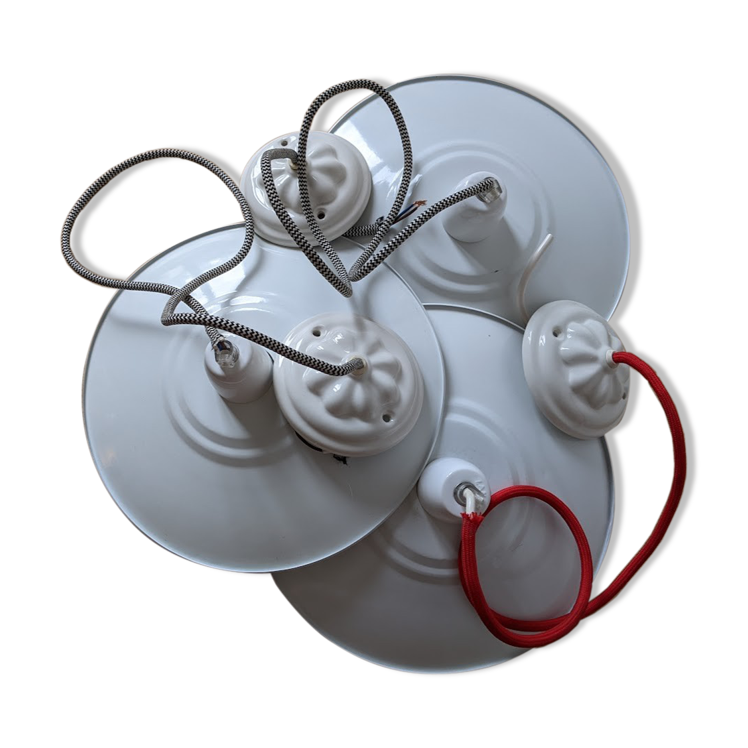 Three vintage pendant lamps, porcelain and aluminum