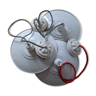 Three vintage pendant lamps, porcelain and aluminum