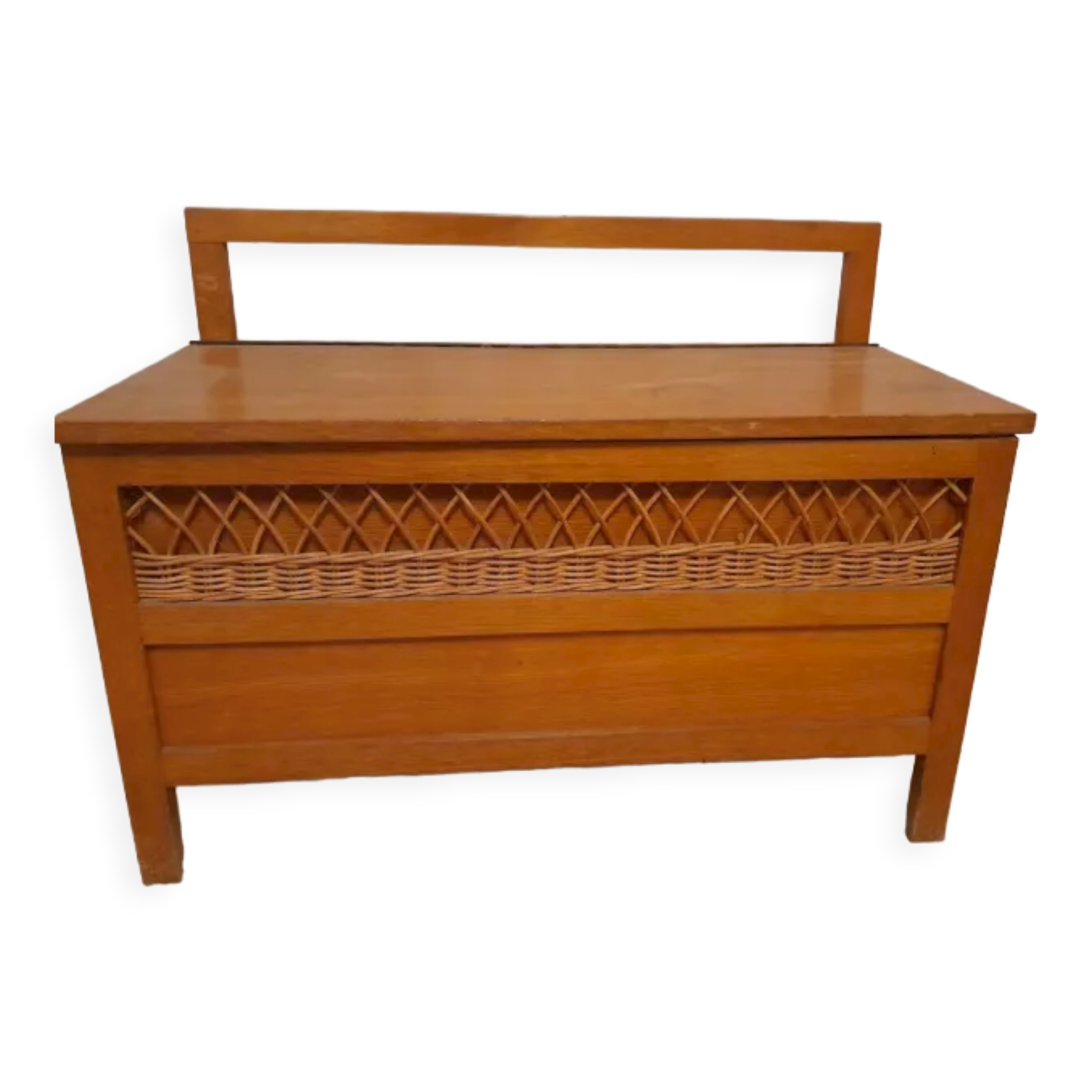 Wooden and rattan chest bench