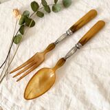 Old salad servers in horn and silver metal