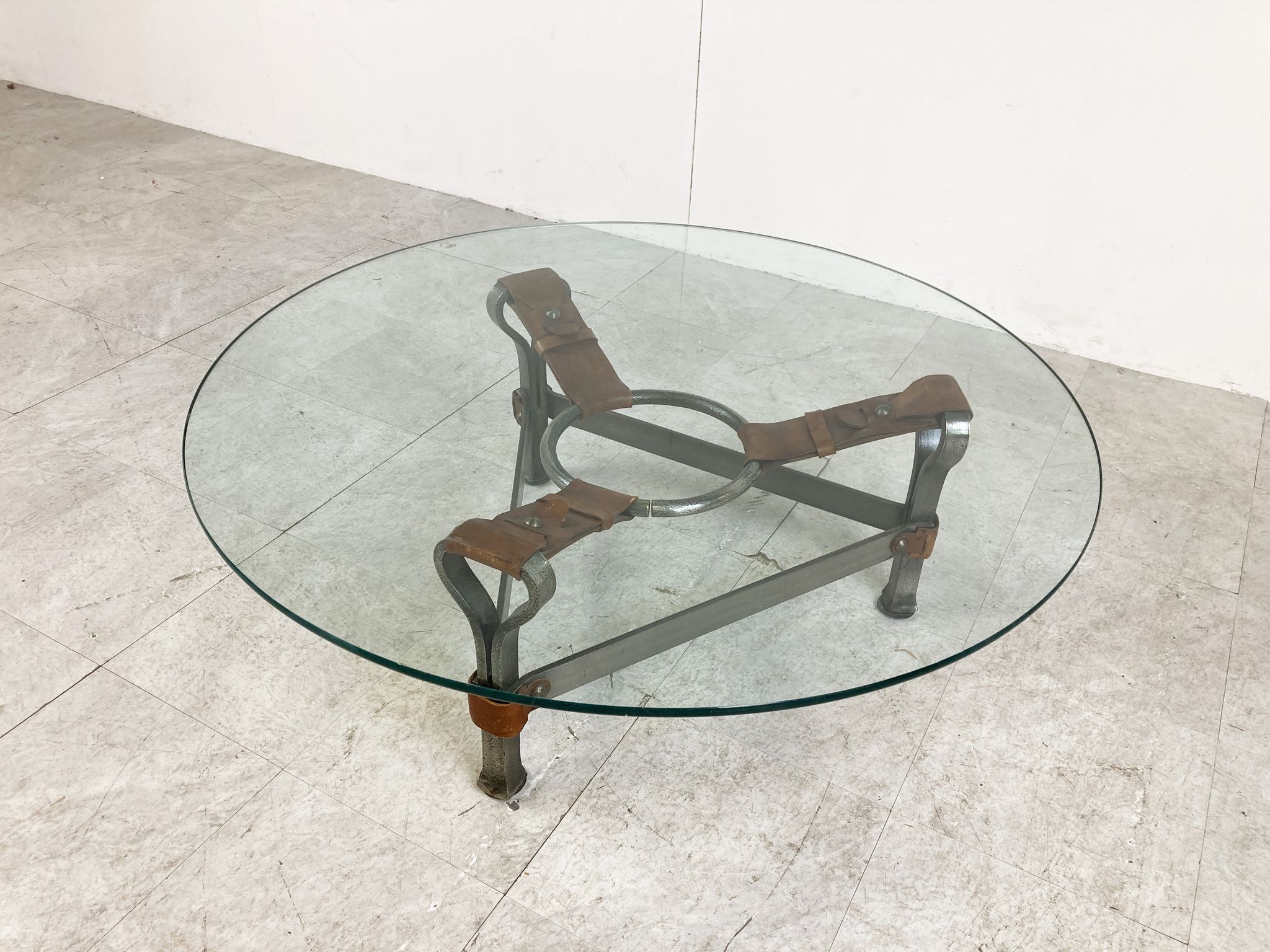 Mid century iron and leather coffee table, 1950s