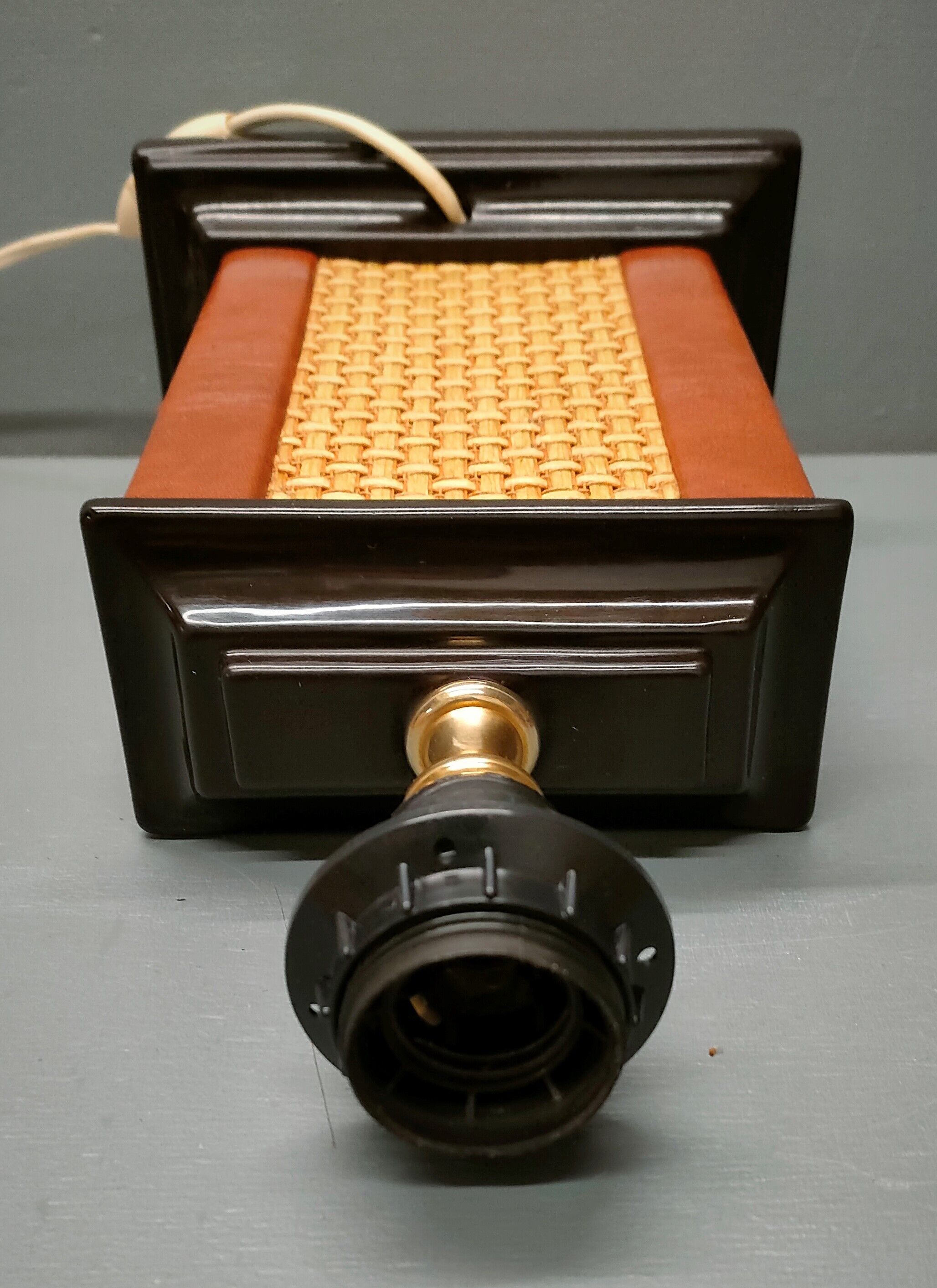 Lamp Le Dauphin black ceramic glazed, wicker canelé, imitation leather havana ~ 70's