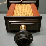 Lamp Le Dauphin black ceramic glazed, wicker canelé, imitation leather havana ~ 70's