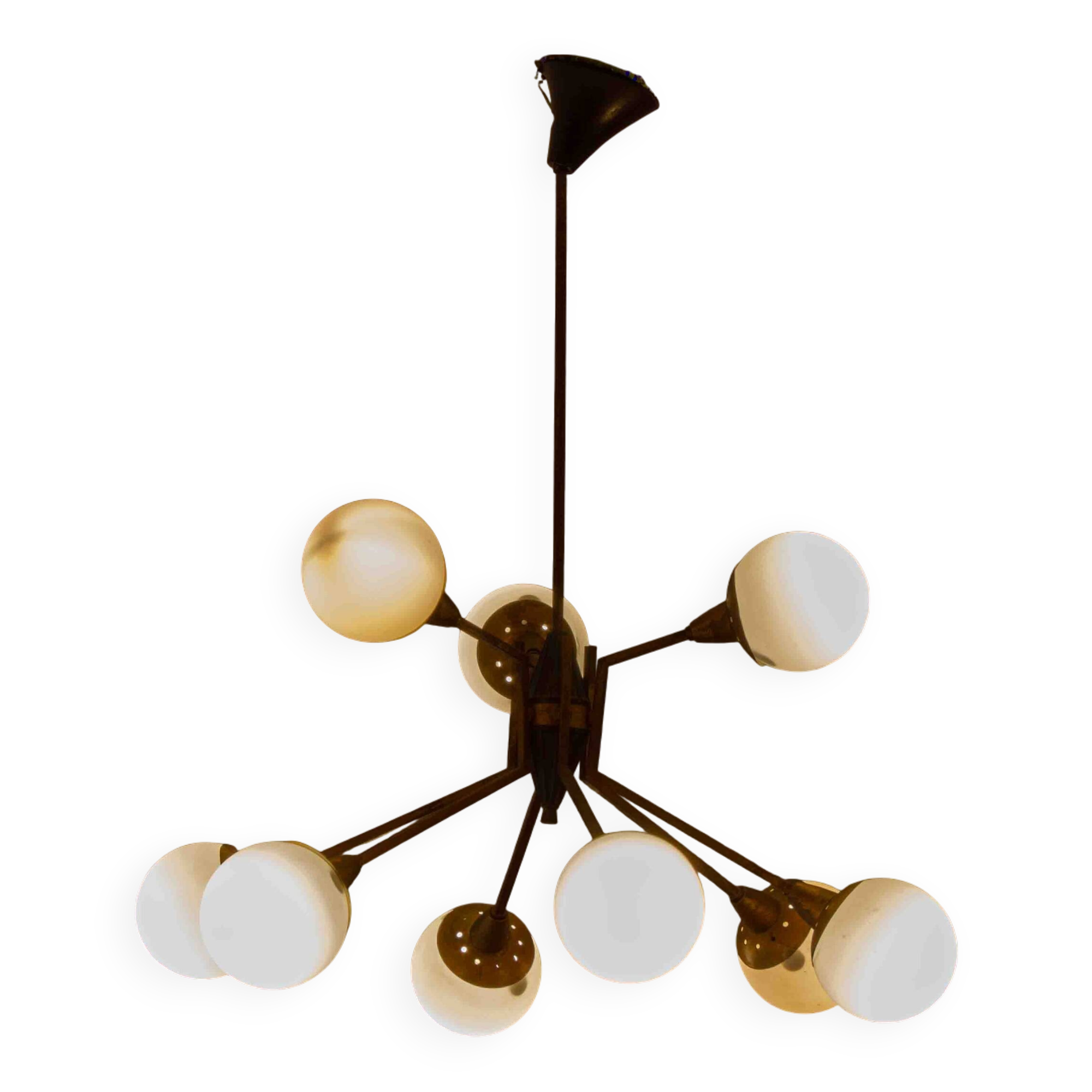 Impressive brass chandelier with opaline globes, Italy 1960s