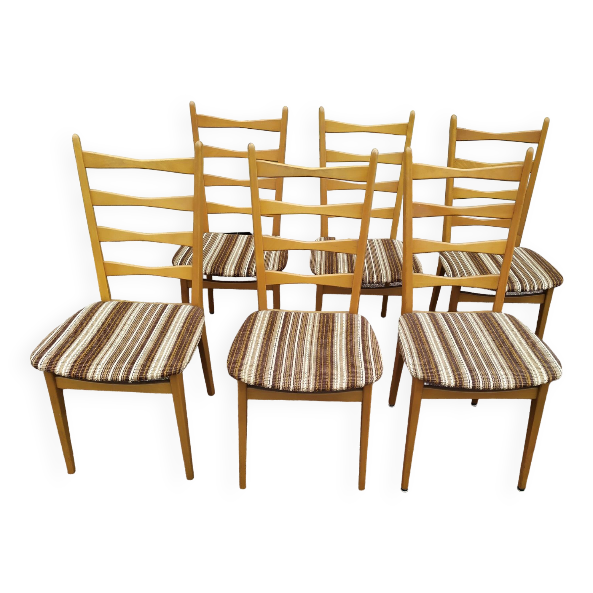 Set of 6 light wood chairs with vintage Scandinavian fabric
