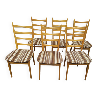 Lot 6 Chaises en bois clair tissu vintage scandinave