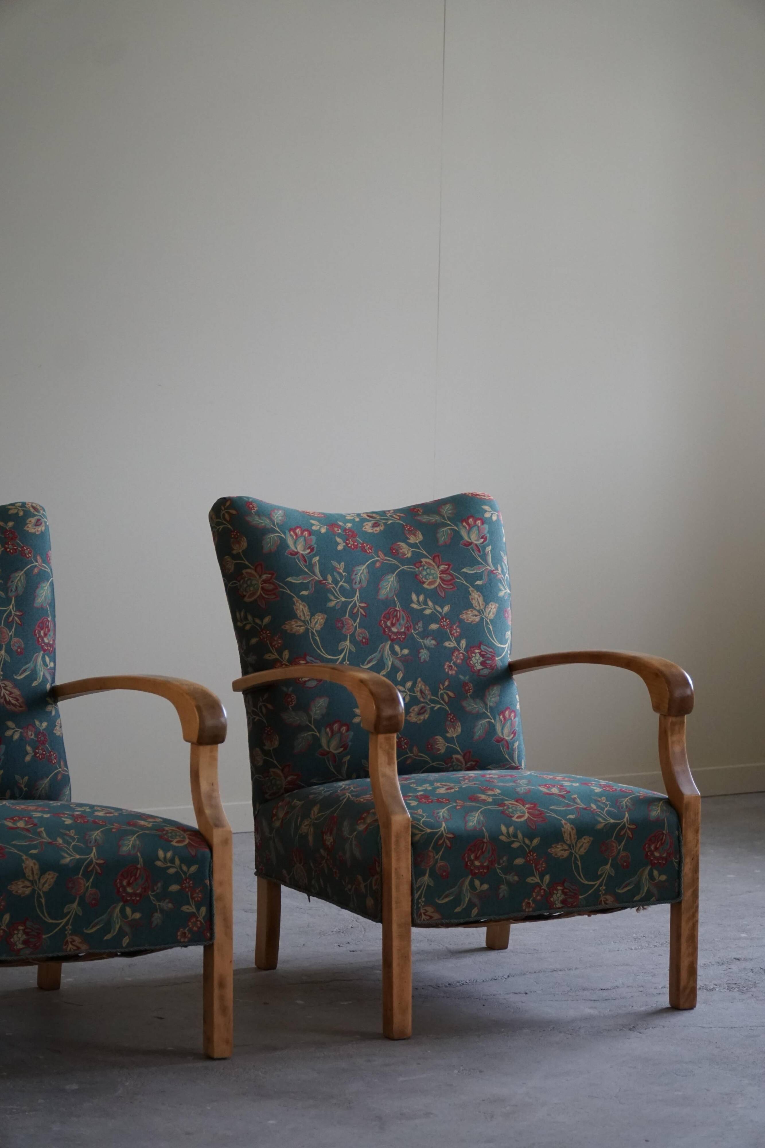 Danish mid-century modern, pair of beech armchairs with original fabric, 1960s.