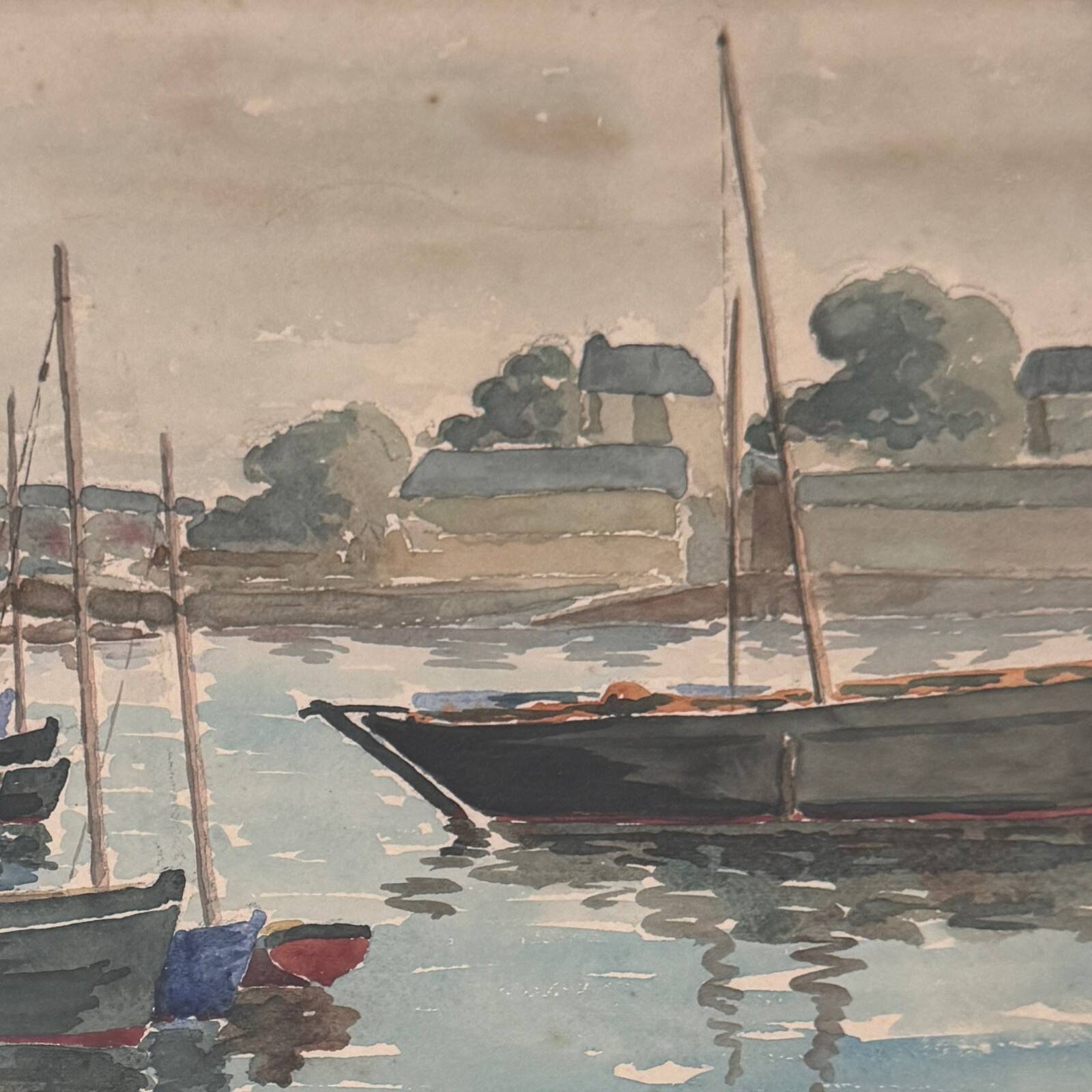 Watercolor on paper the port of Guet Douarnenez 1947 by R. Courteau