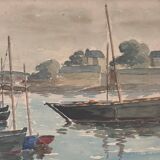 Watercolor on paper the port of Guet Douarnenez 1947 by R. Courteau