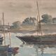 Watercolor on paper the port of Guet Douarnenez 1947 by R. Courteau