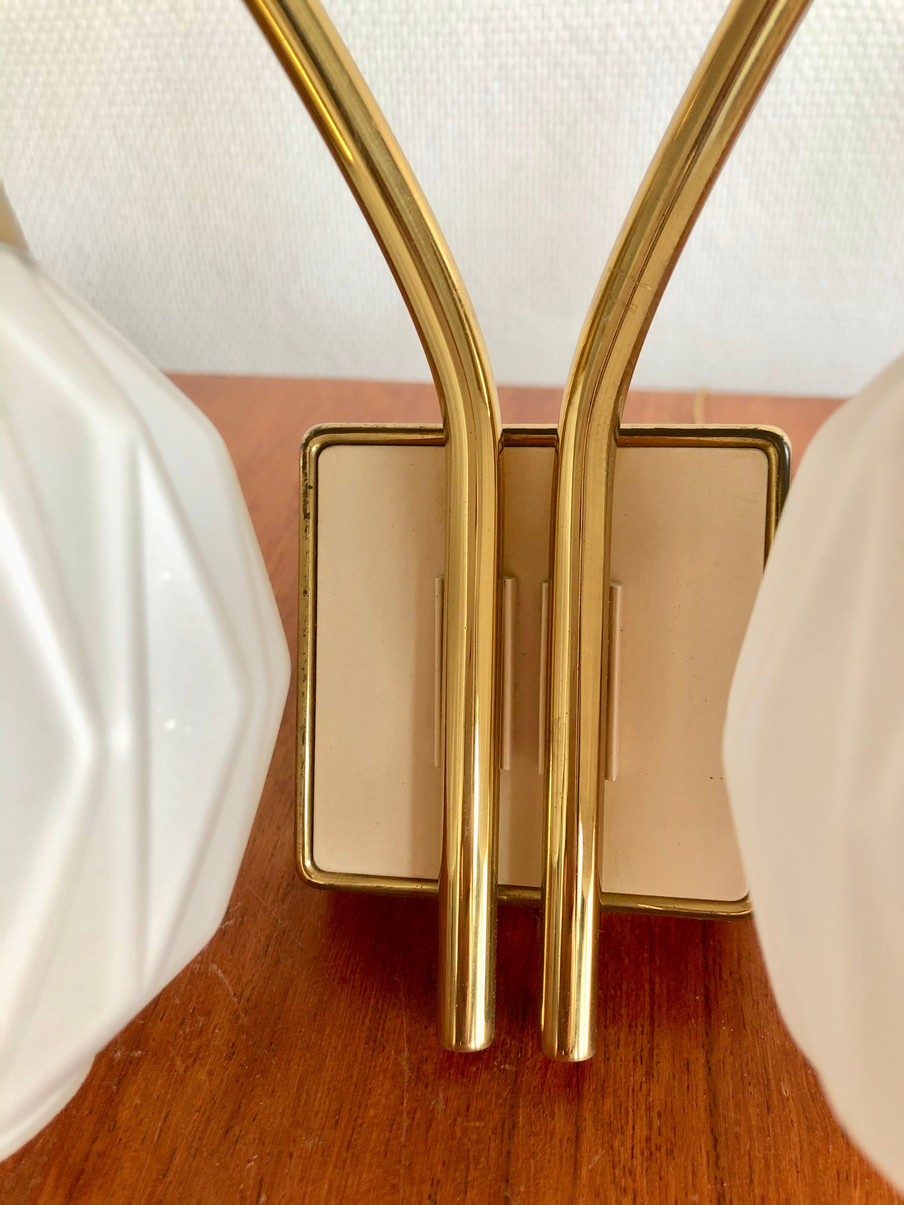 Pair of double origami opaline brass wall lamps