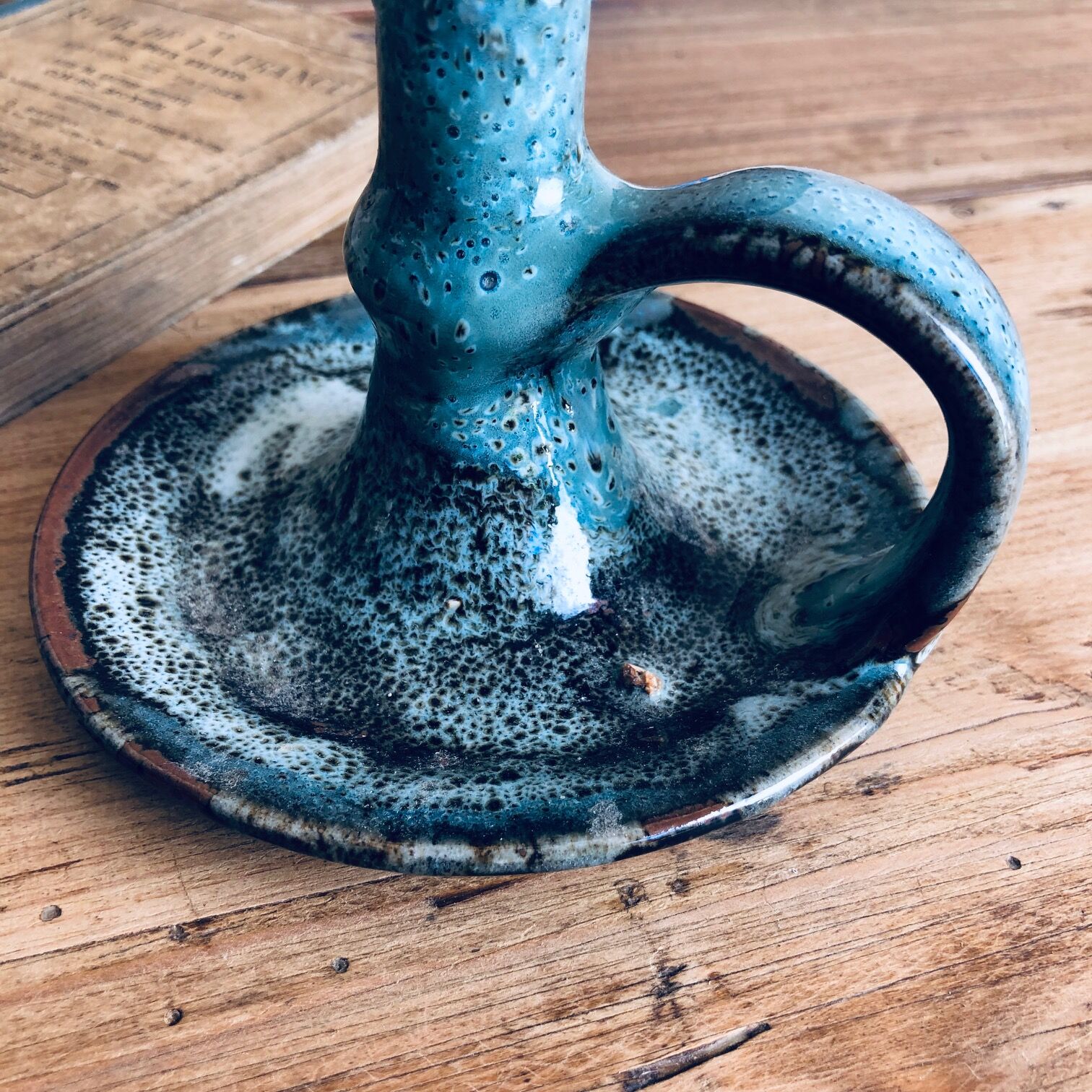 Blue glazed varnished sandstone cellar rat candlestick