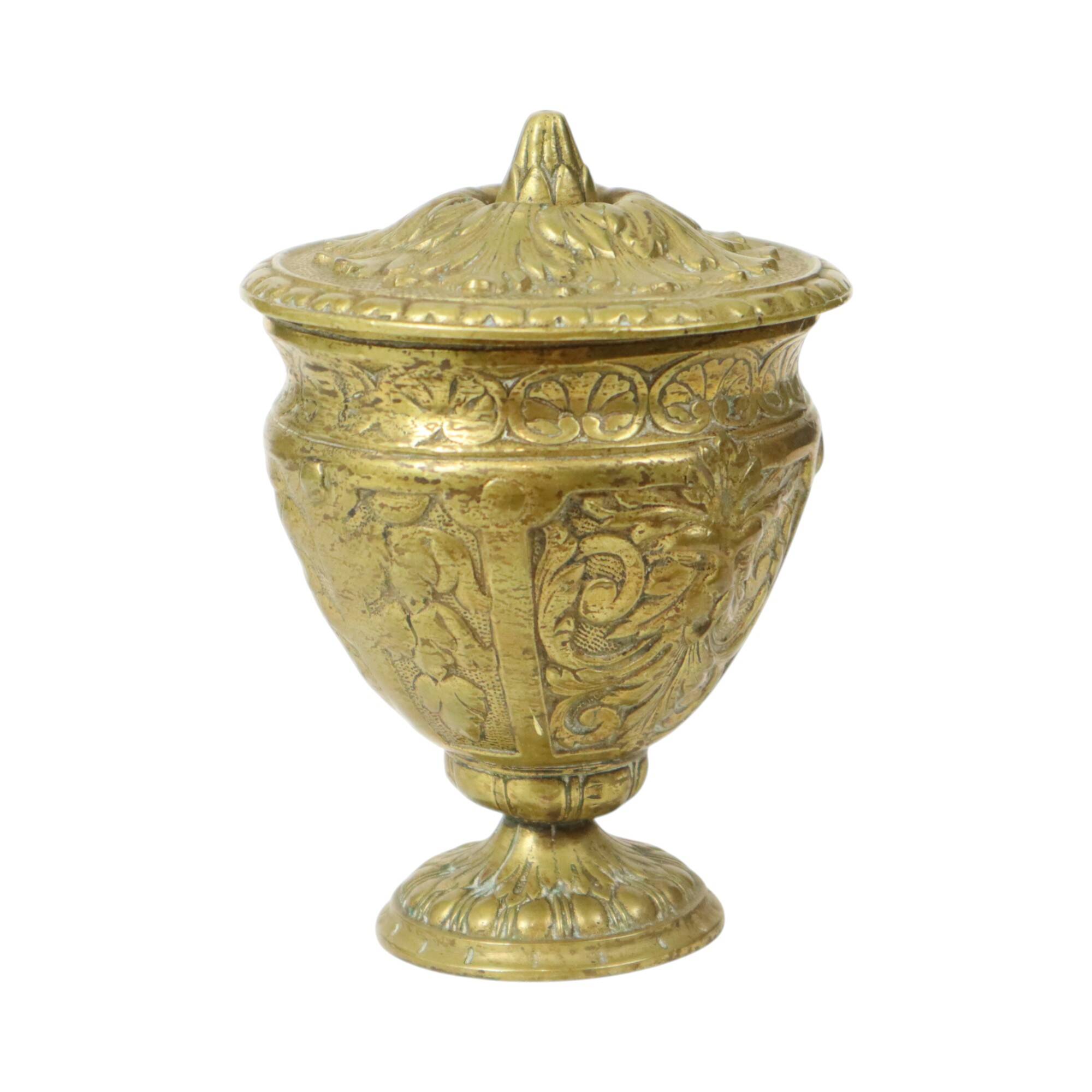 Old Brass Cup Goblet with Lid Mythical Figure 14cm