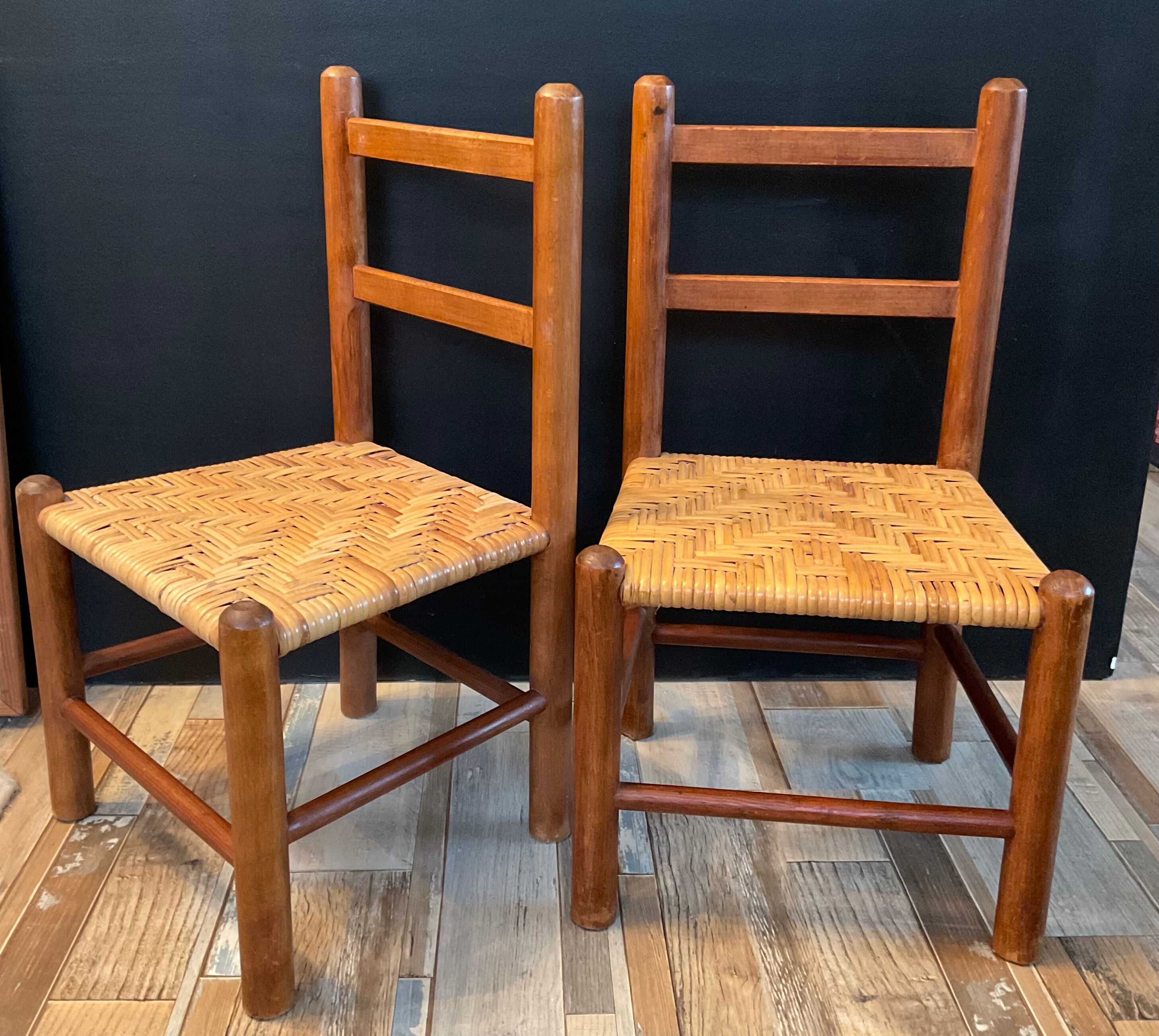 Paire de chaises enfant vintage en bois et rotin