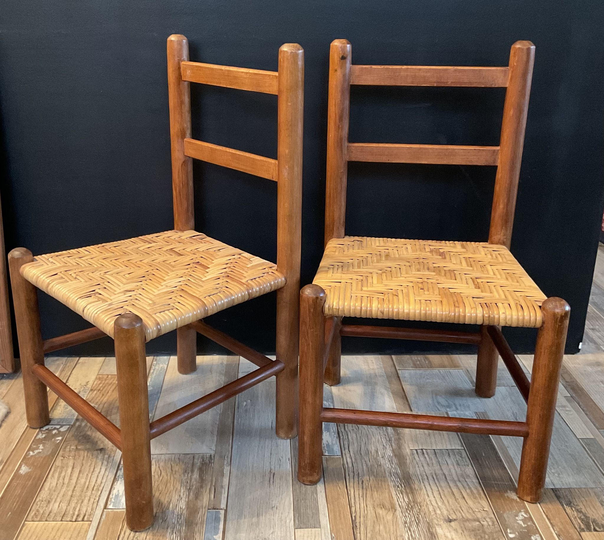 Pair of vintage children's chairs in wood and rattan