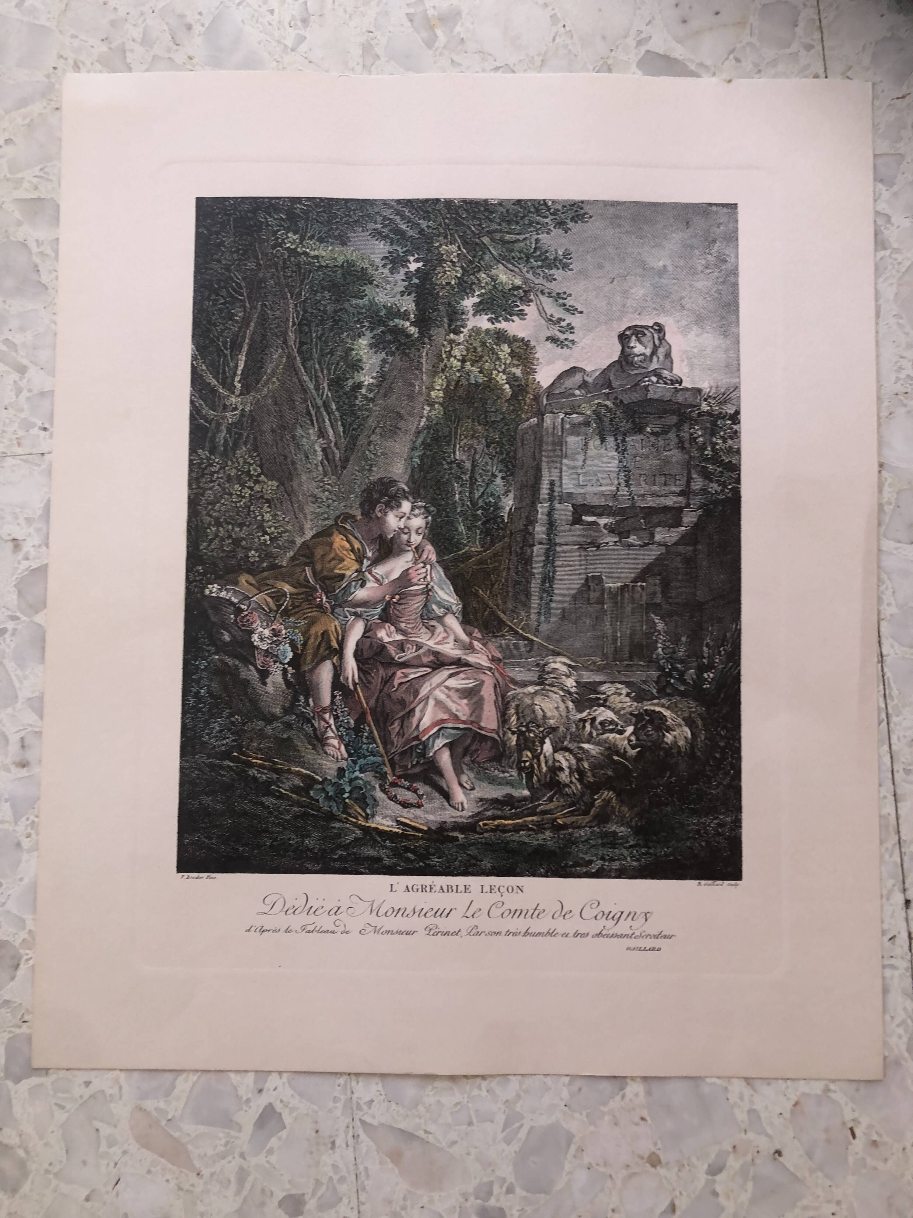 Lithography the pleasant season after boucher and gaillard, mid-20th century print, flute-playing shepherds