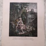 Lithography the pleasant season after boucher and gaillard, mid-20th century print, flute-playing shepherds
