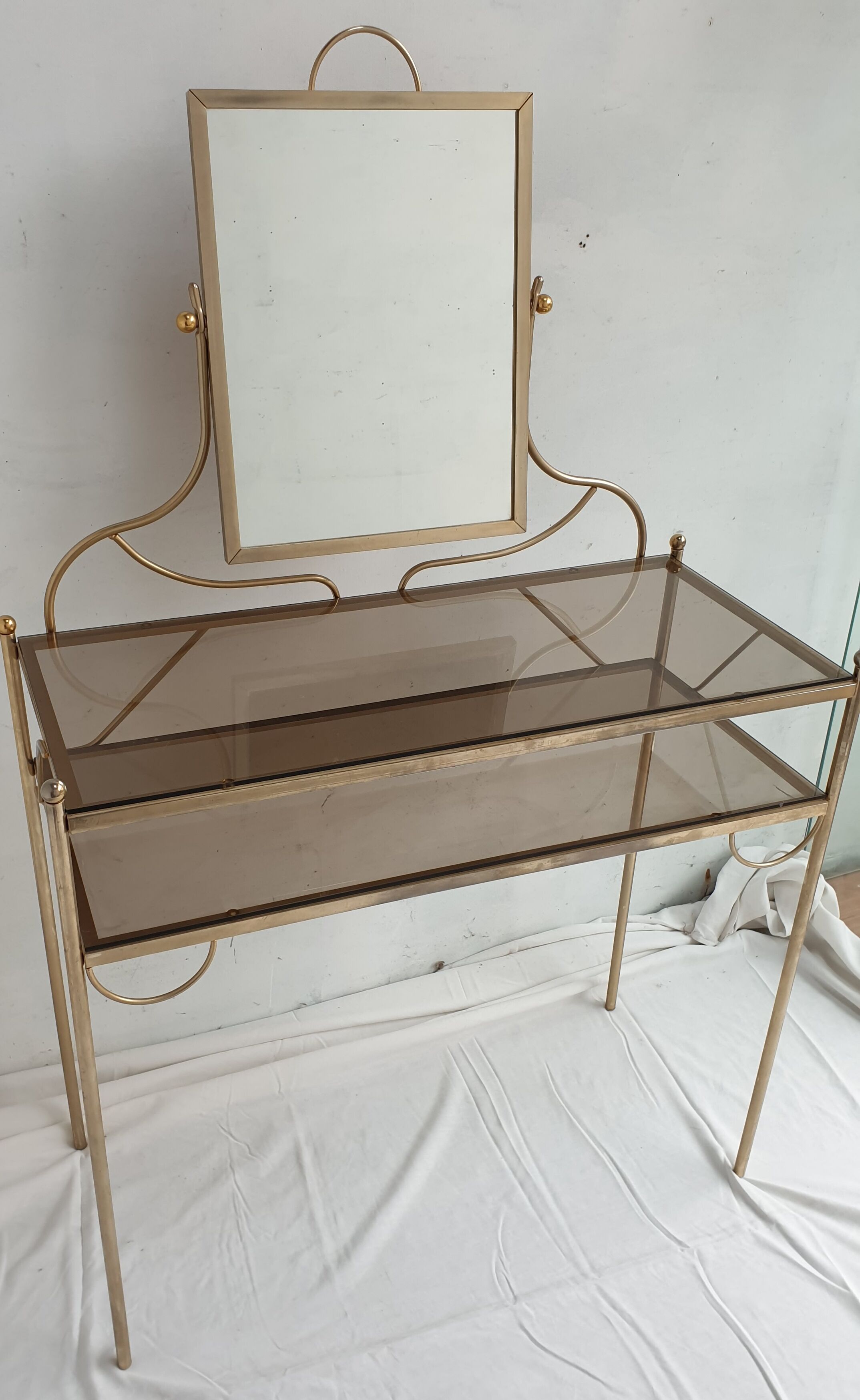 Vintage hairdresser 1950s brass and glass with mirror and matching seat