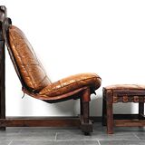 Brutalist oak lounge chair and ottoman, 1970s, set of 2