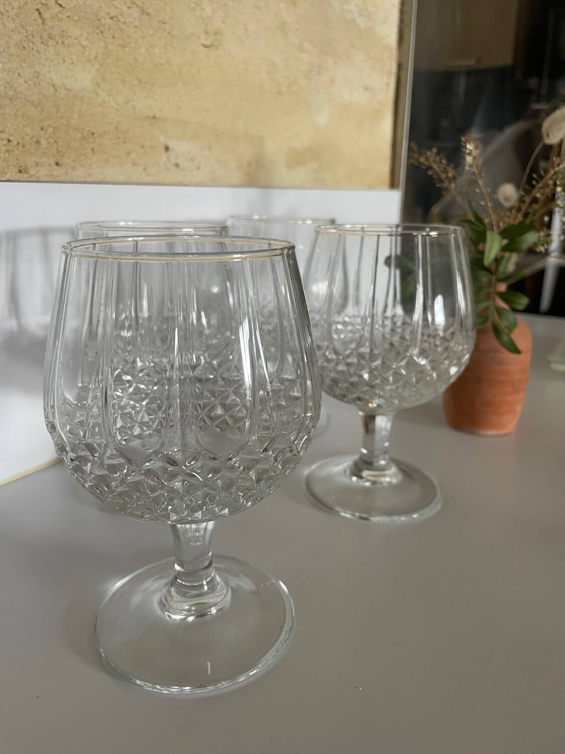 4 diamond point glass cognac or brandy glasses