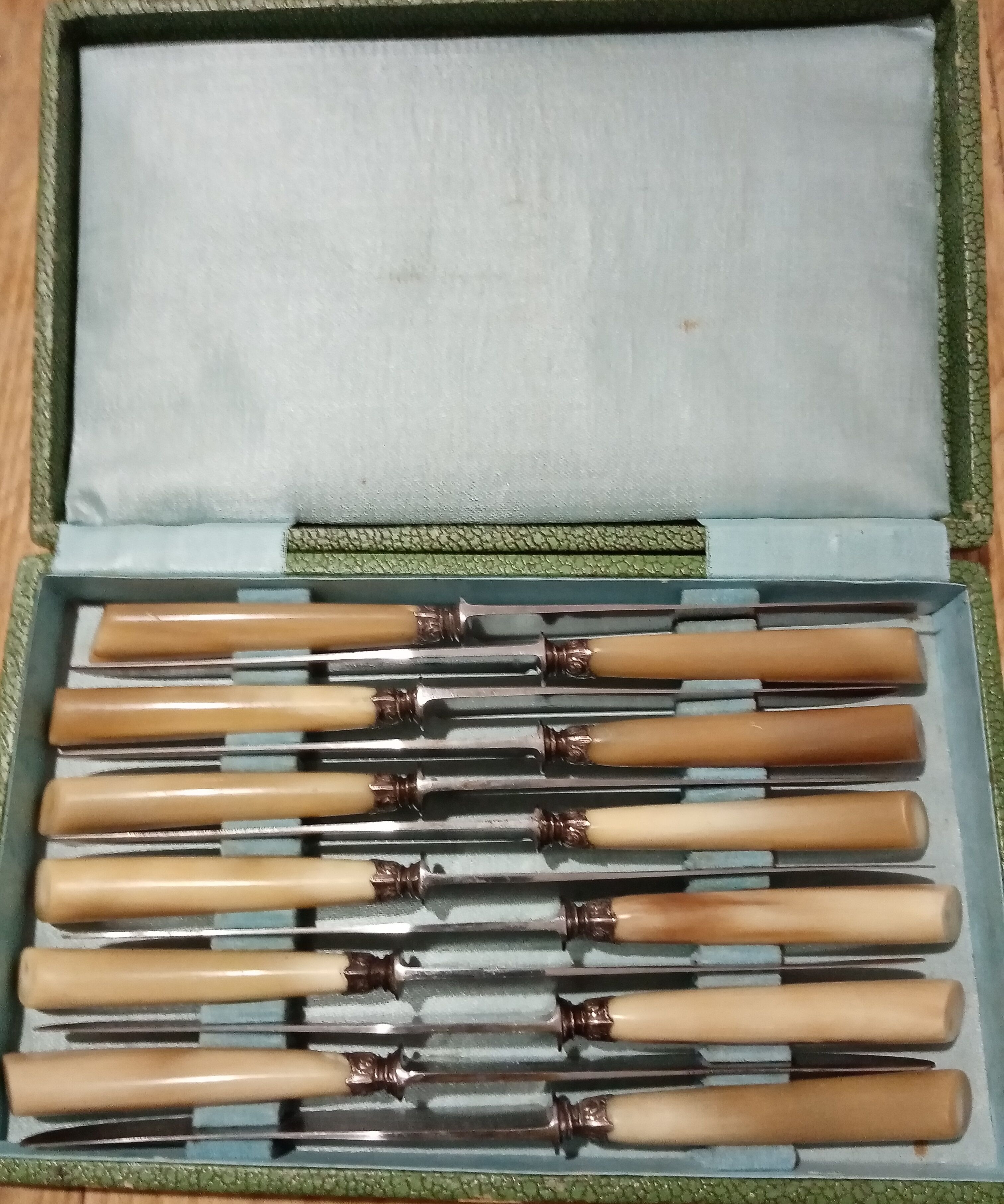 Box 12 old cheese knife 19th blade steel virole silver handle horn