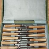 Box 12 old cheese knife 19th blade steel virole silver handle horn