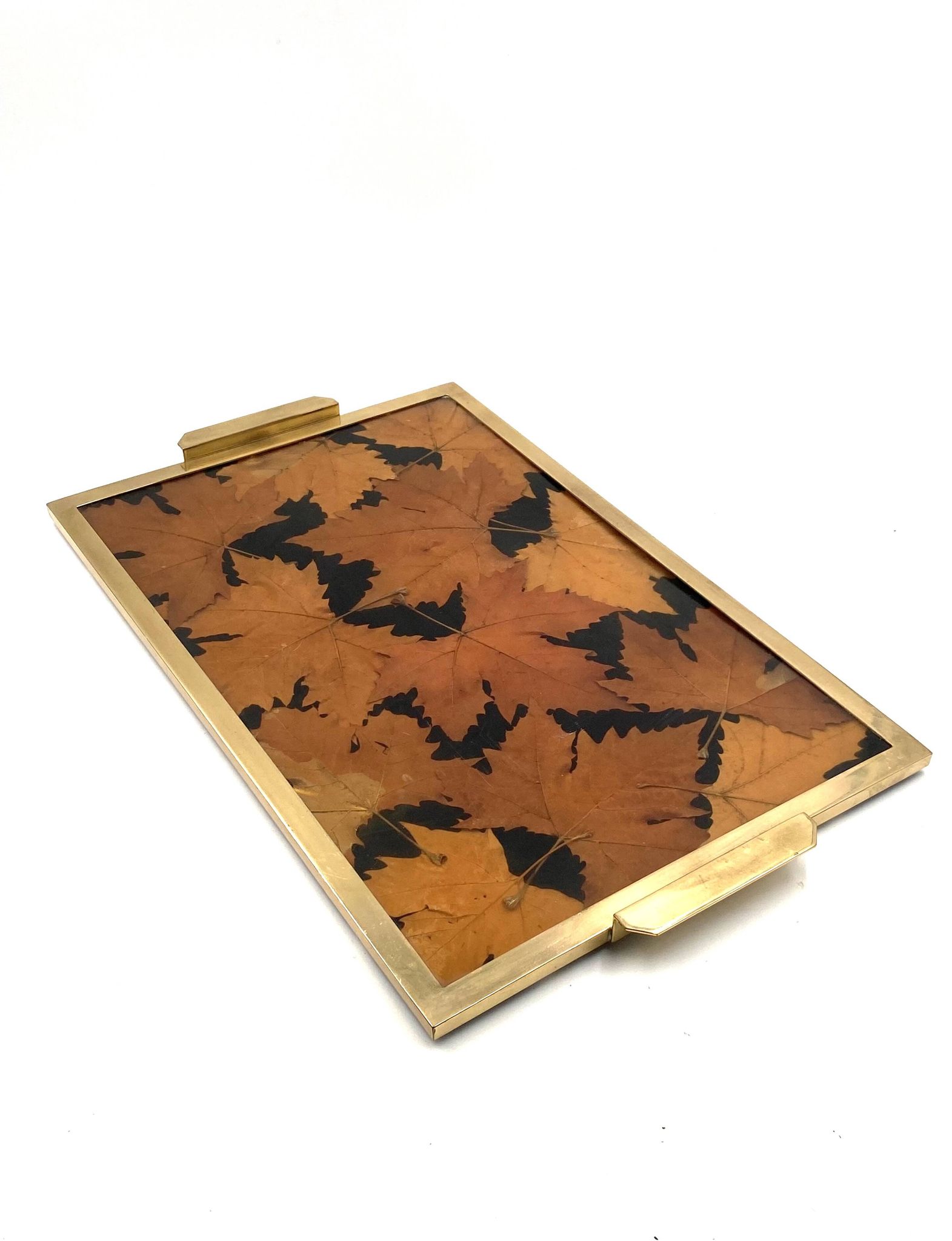 Hollywood regency brass and leaves resin tray, Montagnani Firenze Italy 1970s