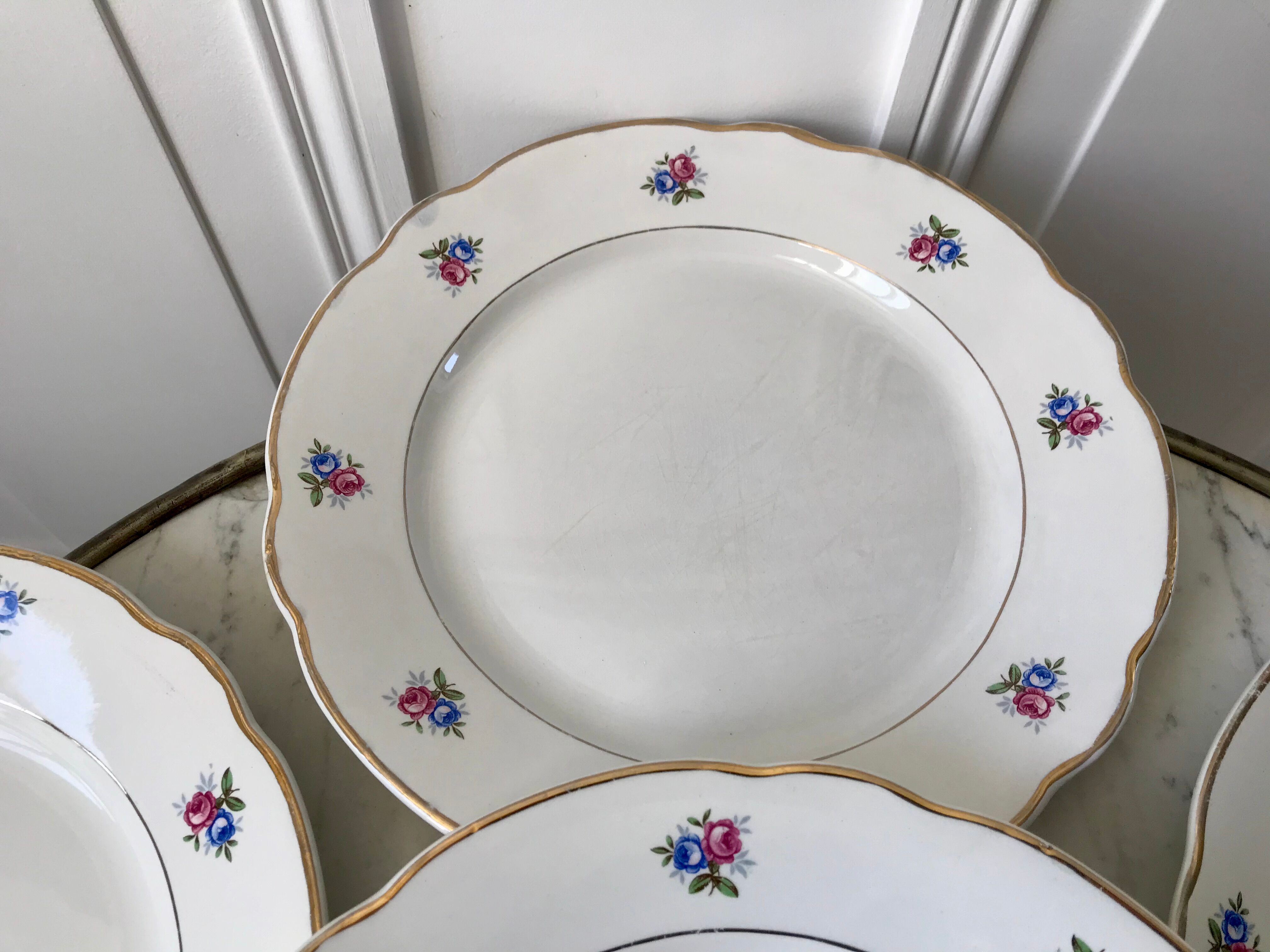 set of 6 flat plates Digoin Sarreguemines small flowers 50s