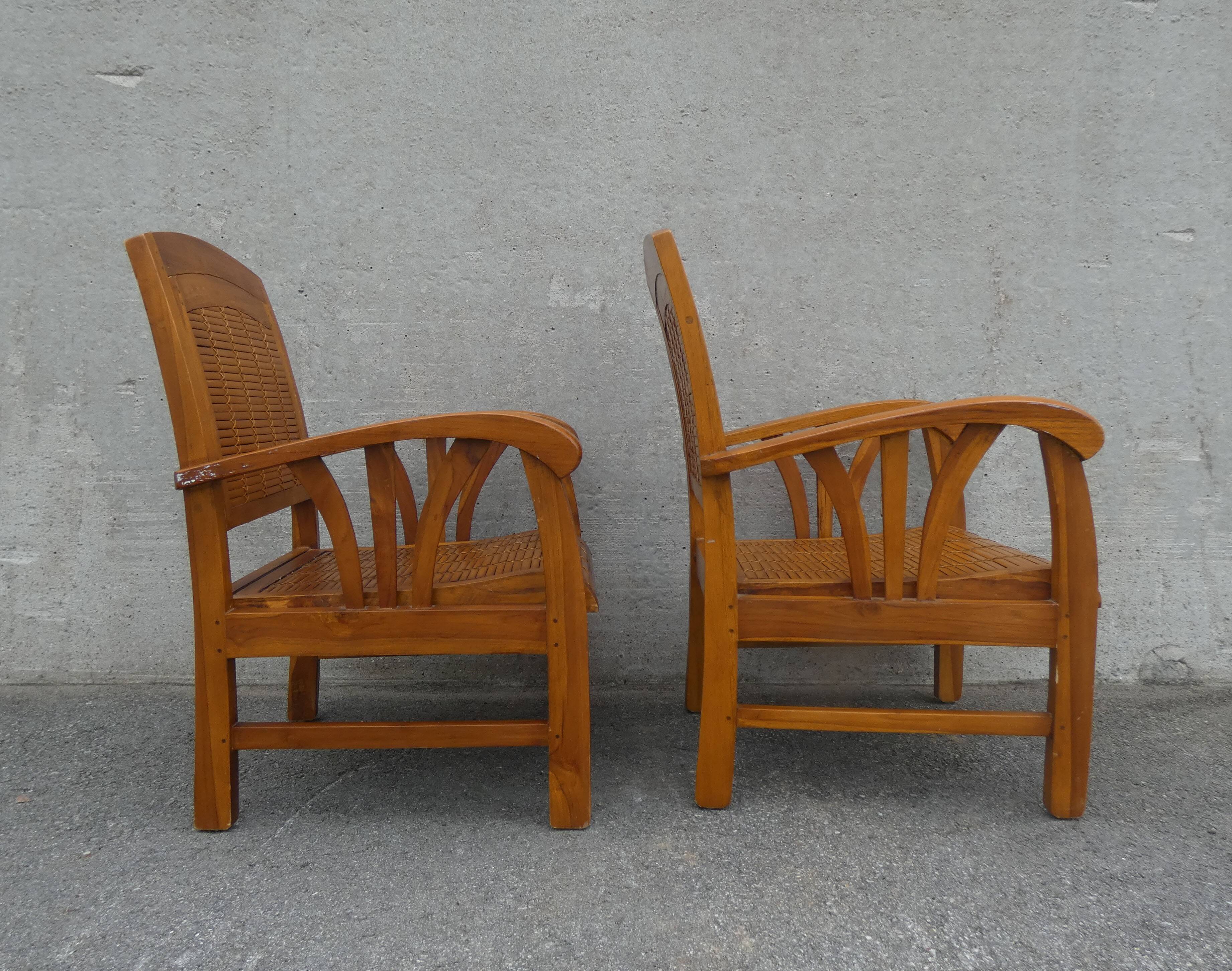 2 colonial bamboo and teak armchairs