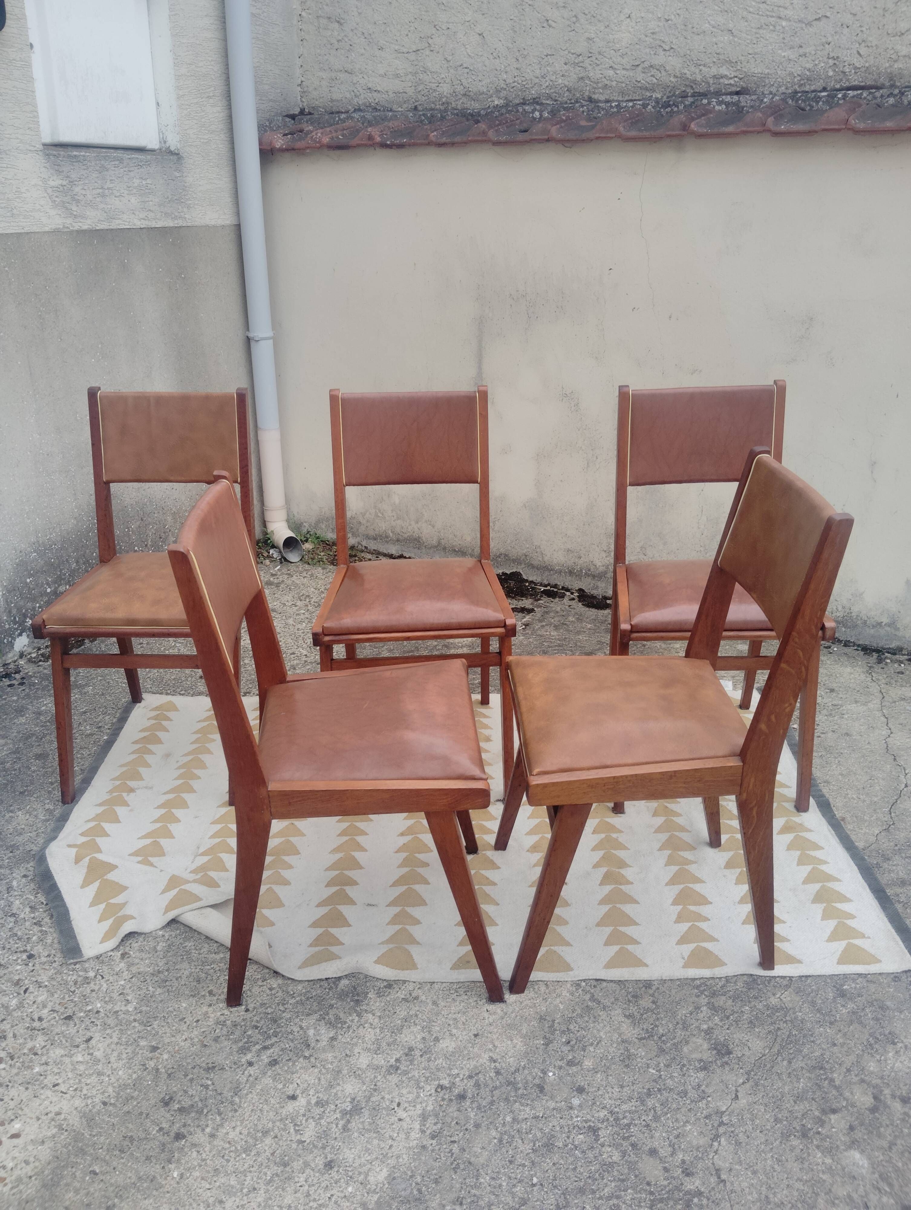 Set 7 chaises et 2 fauteuils bridge vintage chêne+simili