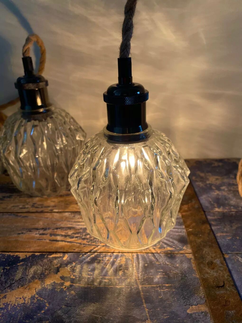 Set of three vintage electric chiseled glass walking lamps