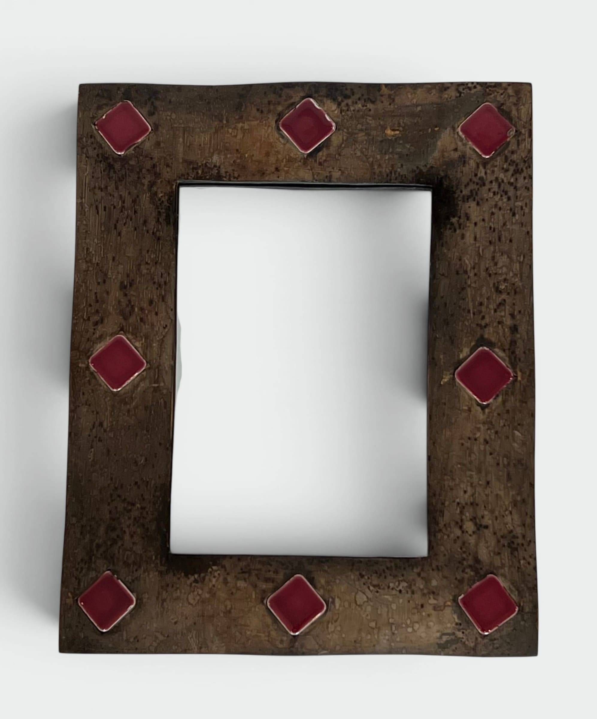 Ceramic Framed Mirror in Bronze with Red Cabochons. French Work.
