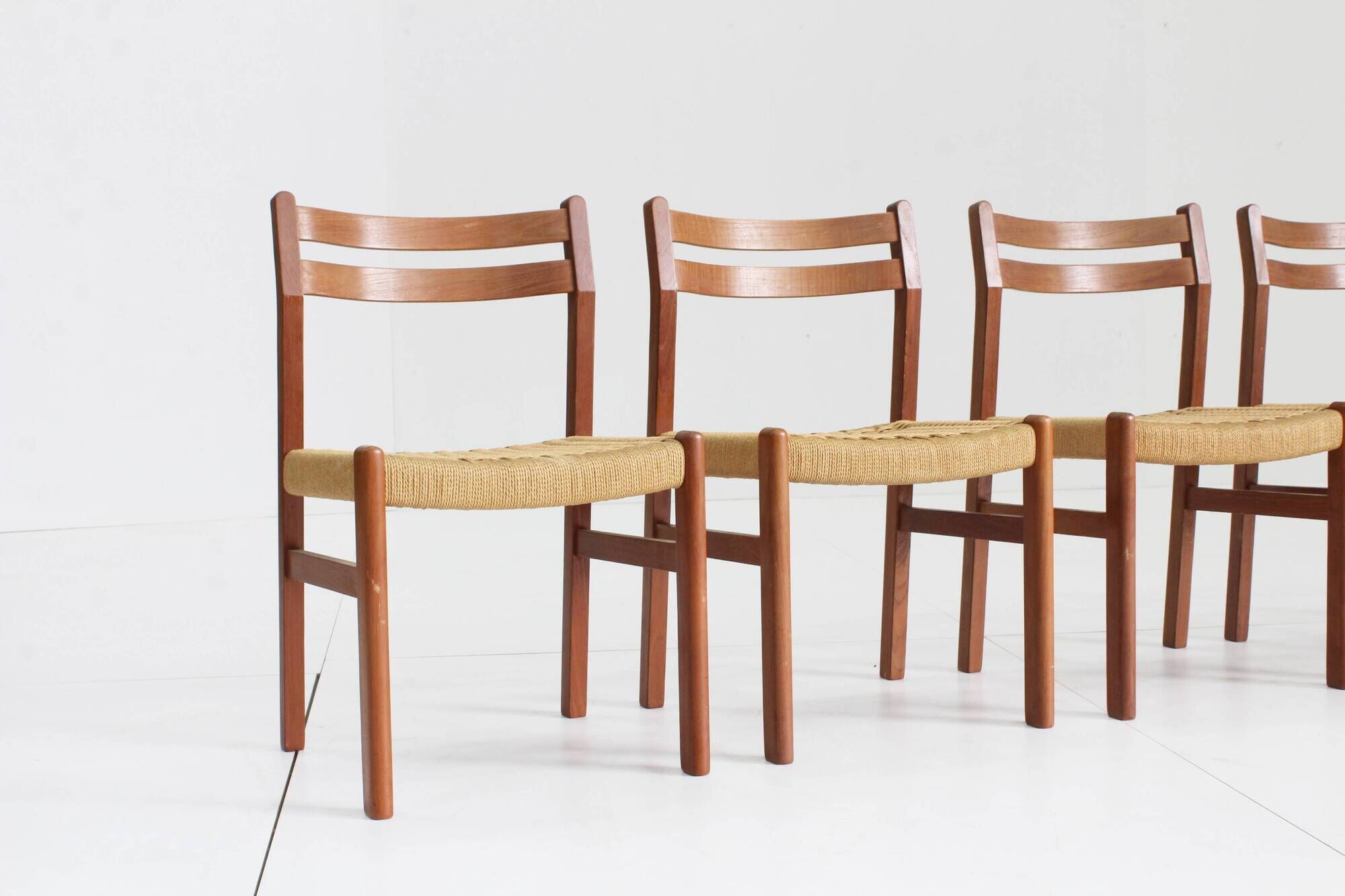 Mid Century Danish teak and paper cord dining chairs 1960s , set of 4