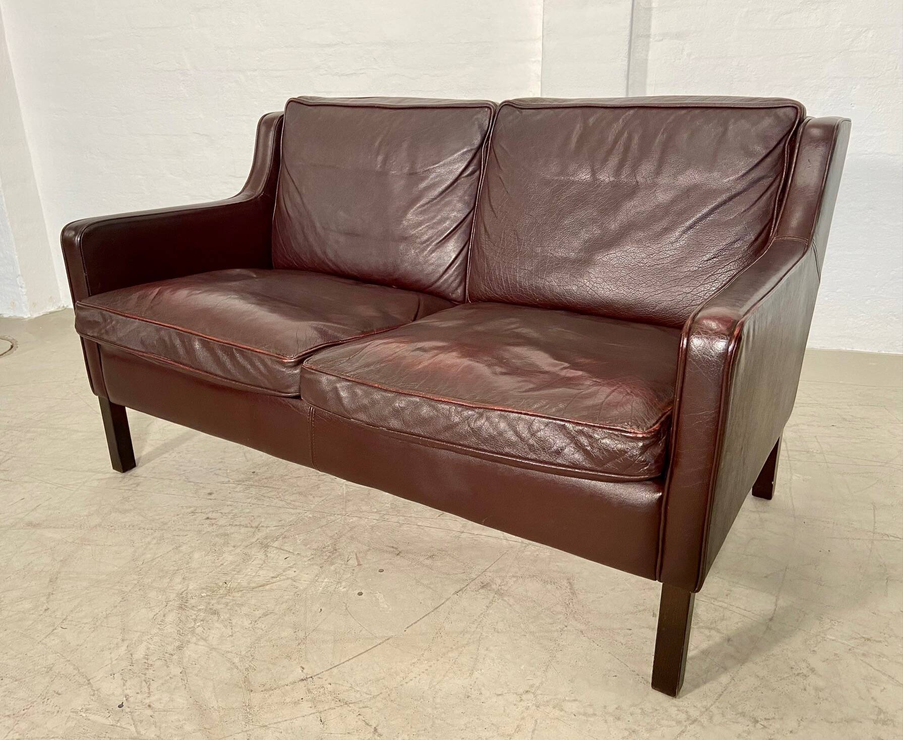 Vintage danish mid century dark cognac leather 2 seater stouby sofa