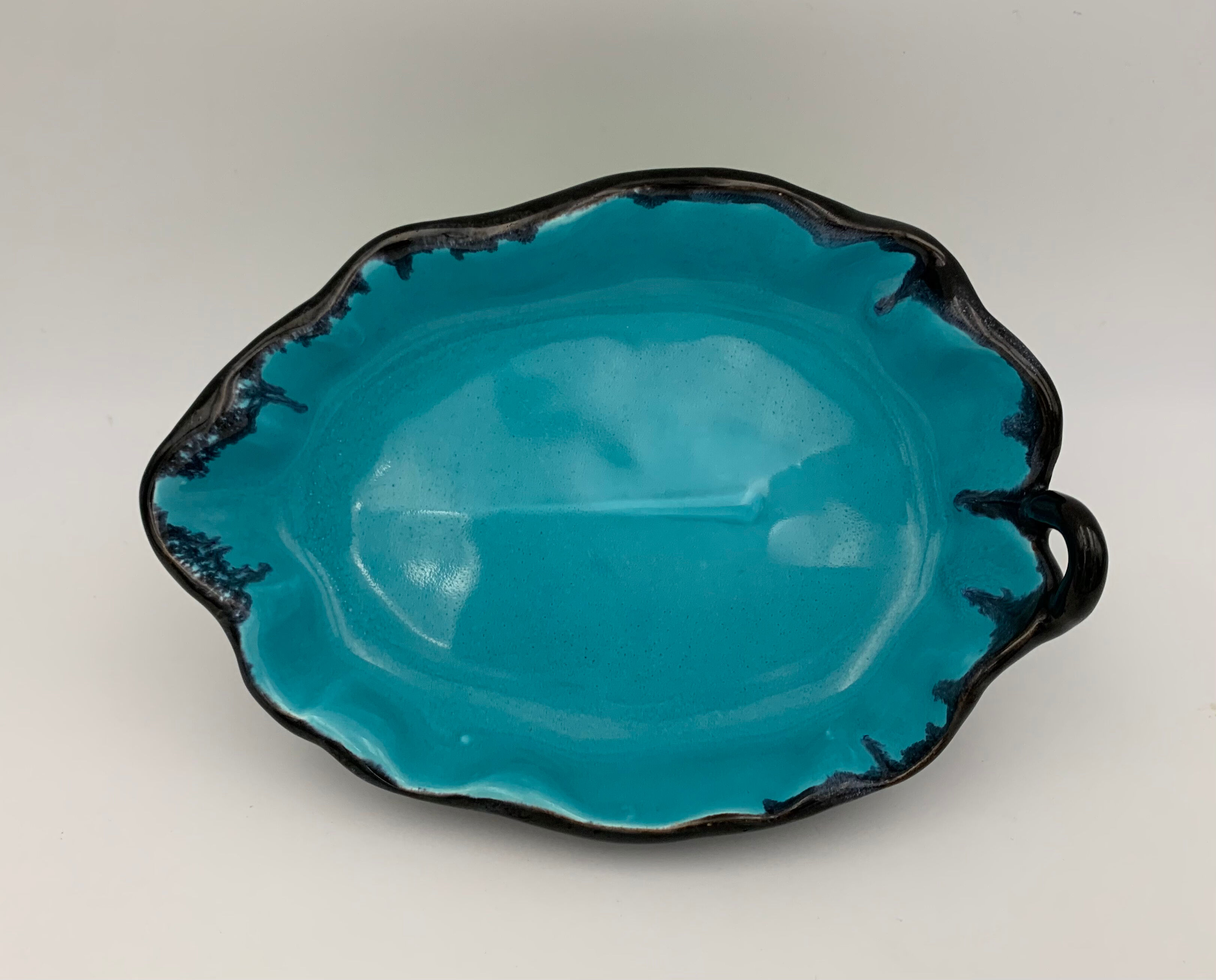 Vintage blue and black enameled ceramic trinket dish - 1960s-1970s