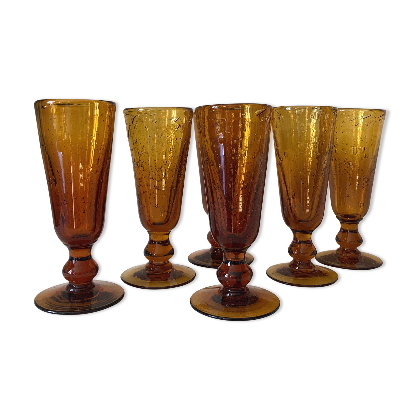 Handblown Glasses, set of 6 Amber Champagne Glasses, designer Iconic Drinkware