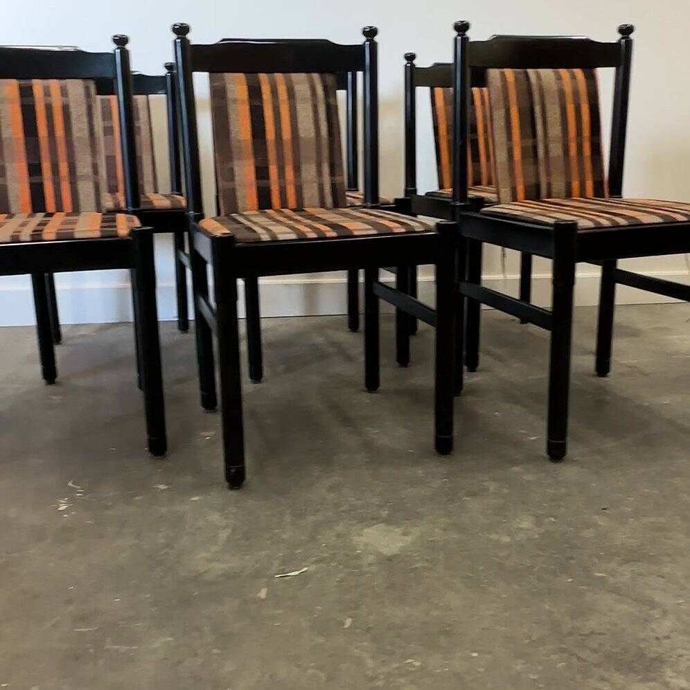 Set of 6 black lacquered chairs with the original 1970s fabric.