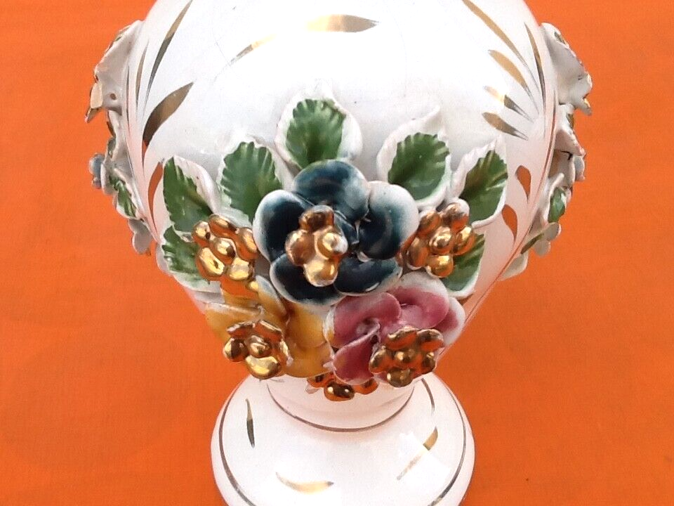 1970s Baluster vase White ceramic with gilding Floral decoration