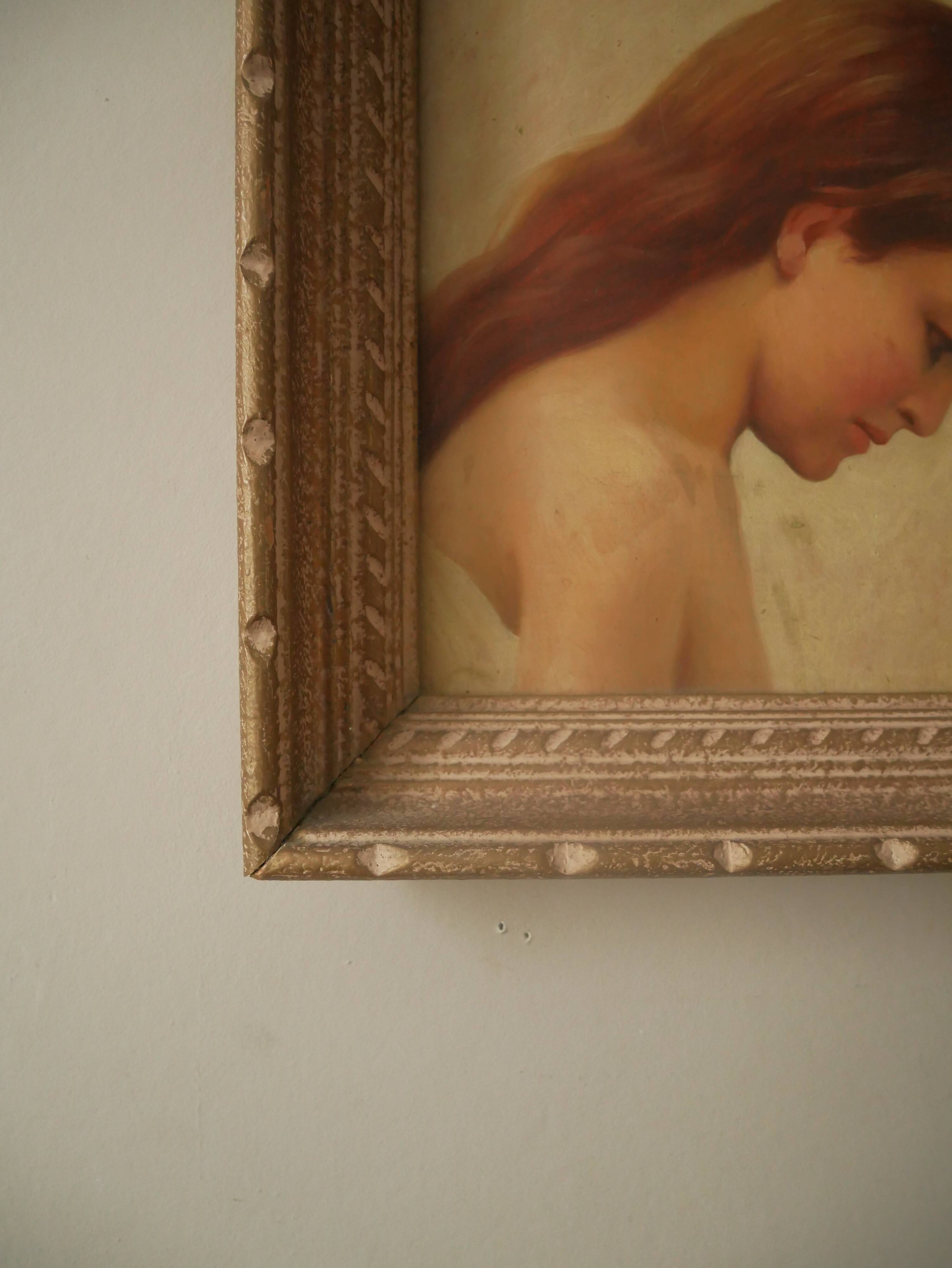 Tableau portrait jeune femme profil décoration antique bohème campagne peinture tons beige nude