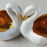 Old porcelain saleron, swan shape, gilded decoration, France porcelain