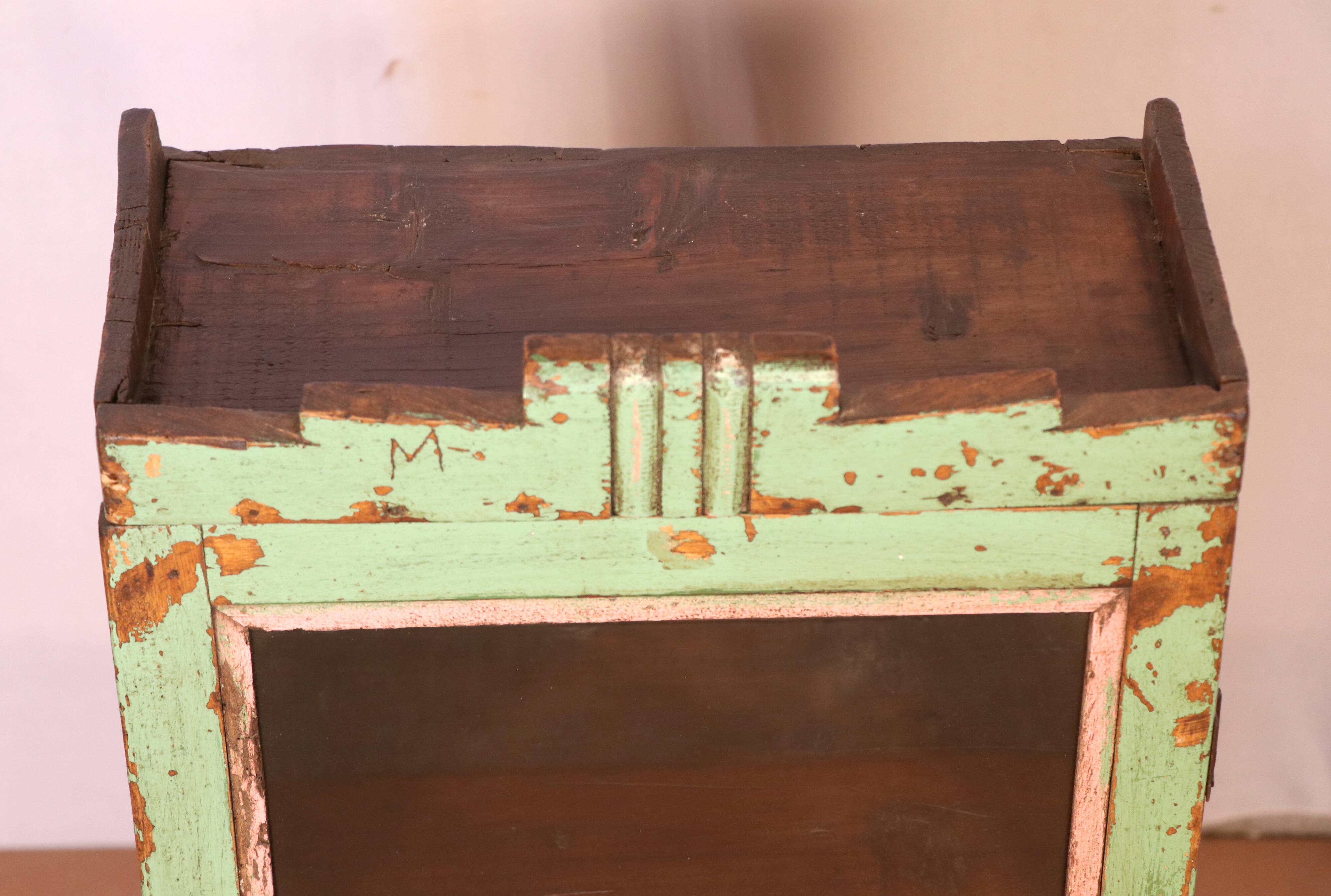 old Art Deco wall display case in original green teak