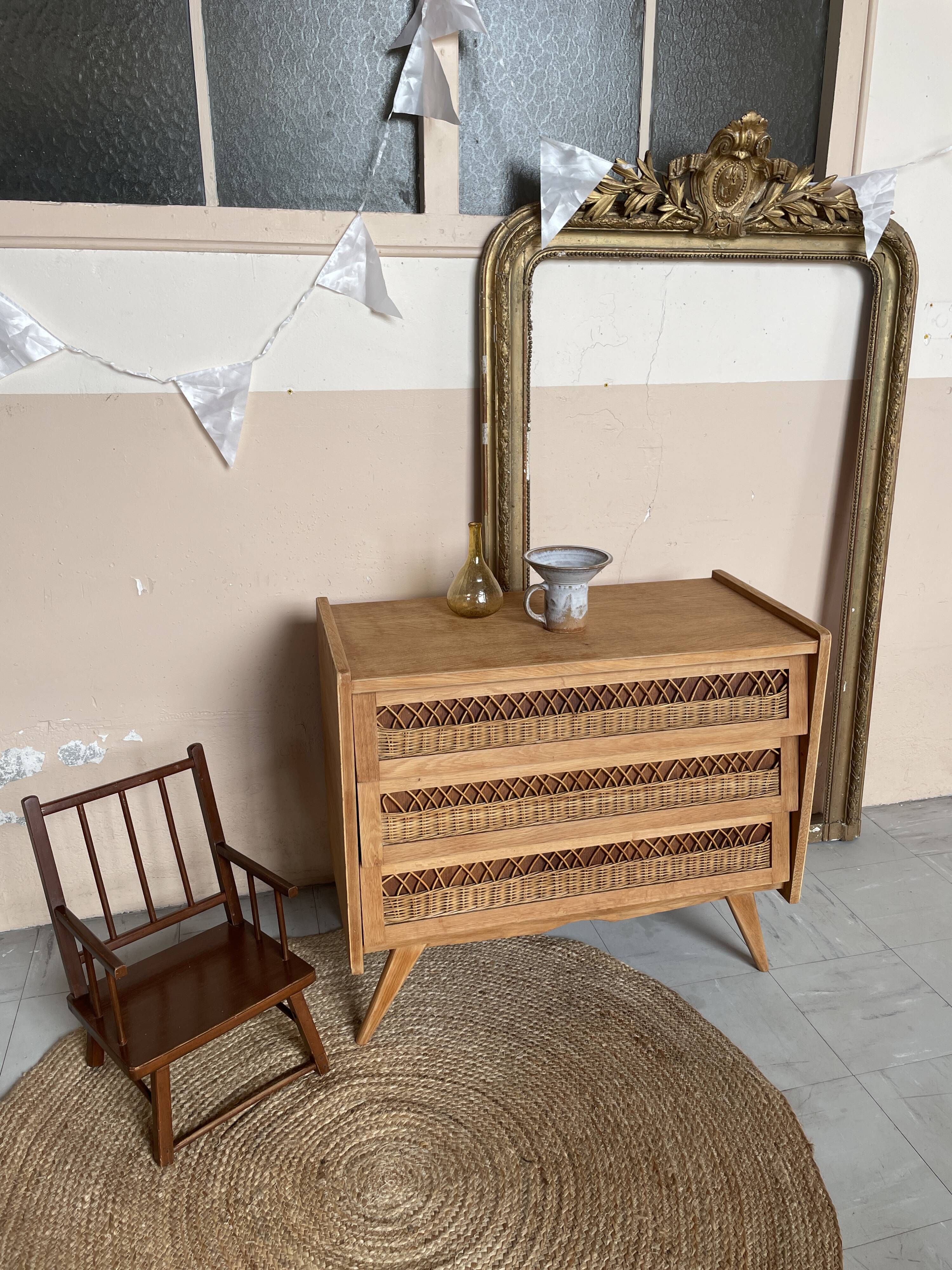 Commode Vintage Bois et Rotin