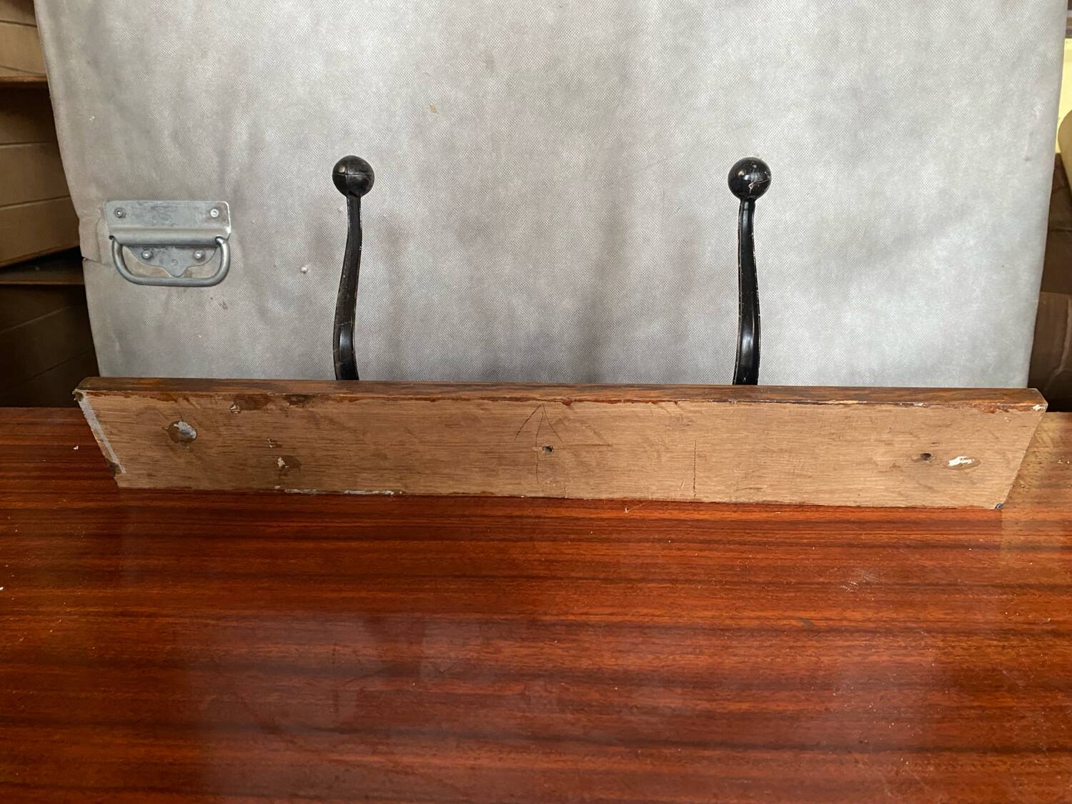 Old wooden coat rack + 2 double black metal hooks