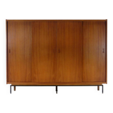 Large vintage mid century teak design wardrobe with sliding doors, 1960s