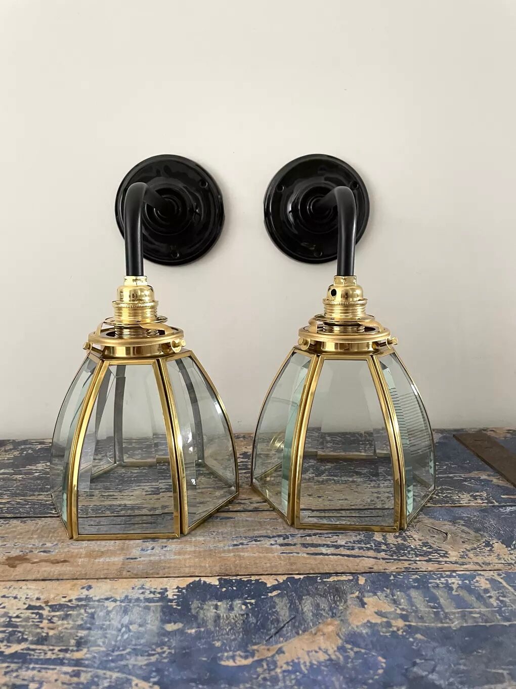 Pair of vintage glass and brass sconces electrified to nine