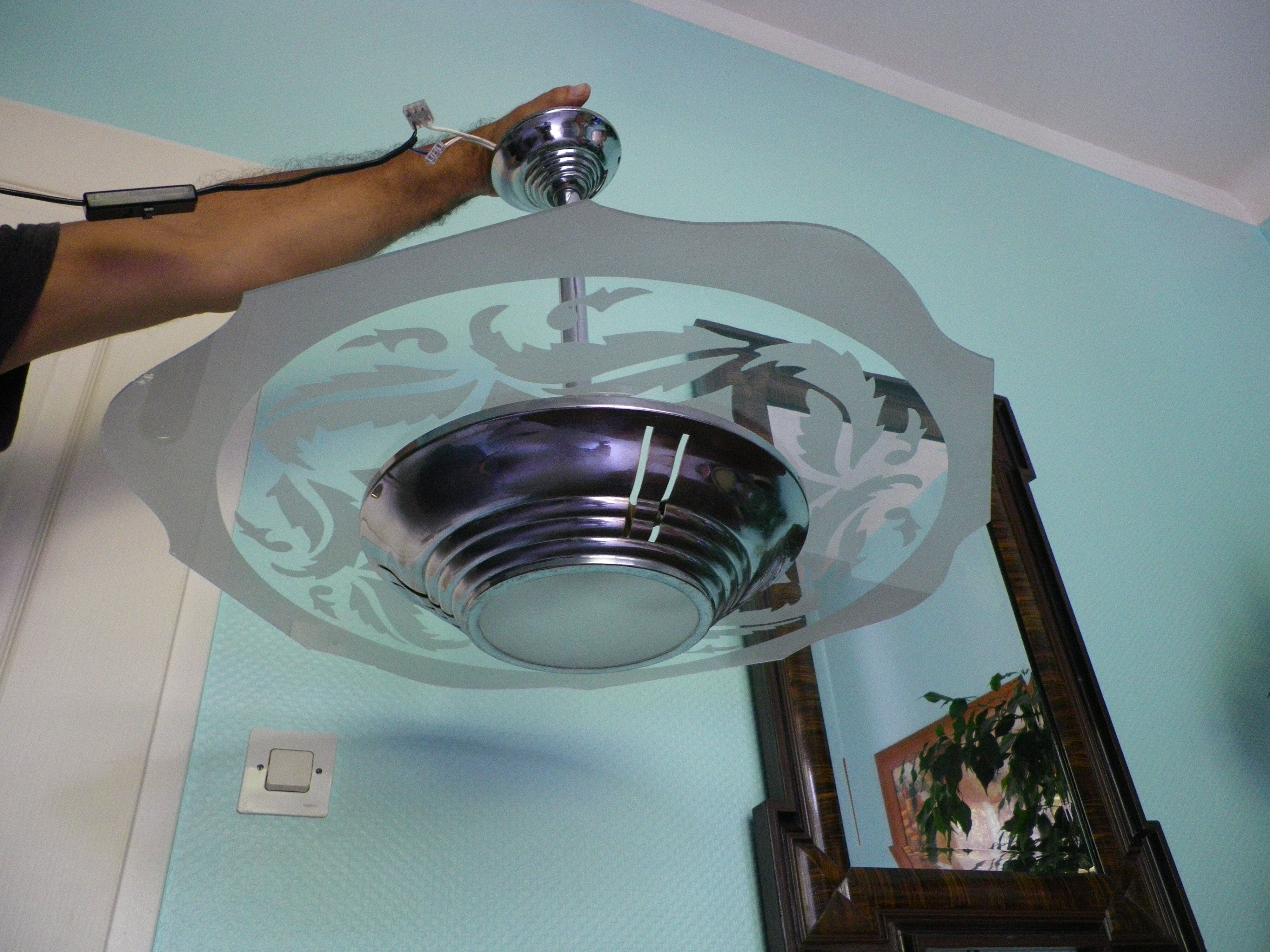 Art deco chandelier from the 1920s with transparent and opalized glass, silver metal structure